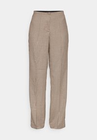 Pantalon à motif à carreaux marron et crème, avec une coupe décontractée, une jambe droite et une taille élastique.