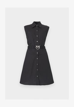 Ærmeløs sort kjole med knapper, krave og talje med smykket sølvspænde formet som to fugle.