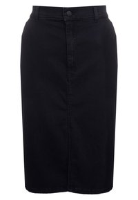 Jupe crayon en denim noir au design ajusté, mi-longue, avec une fermeture à boutons sur le devant et des détails de couture classiques.
