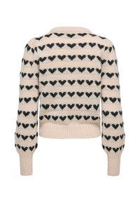 Jersey de punto en rosa claro con patrones de corazones negros. Cuenta con escote redondo, mangas largas y puños y dobladillo acanalados.