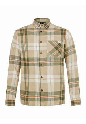 Rudas ir žalias languotas flanelinis marškinis su knopkių užsegimu priekyje, apykakle ir krūtine kišenė. Yra mygtukai ir tekstilės tekstūra.