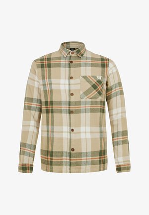 Rudas ir žalias languotas flanelinis marškinis su knopkių užsegimu priekyje, apykakle ir krūtine kišenė. Yra mygtukai ir tekstilės tekstūra.