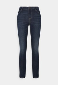 Vaqueros skinny de denim azul oscuro con cintura alta, que presentan bolsillos estándar, costuras sutiles y una superficie lisa, ligeramente texturada.