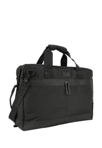 Czarna torba na laptopa wykonana z teksturowanej tkaniny, z podwójnymi uchwytami na górze, odczepianym paskiem na ramię oraz przednią kieszenią na zamek błyskawiczny z sznurkowymi uchwytami.