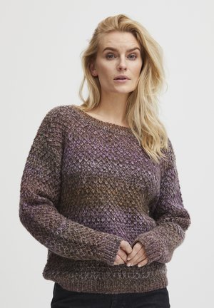 Maglione lavorato a maglia con una vestibilità ampia, caratterizzato da una combinazione di colori viola, marrone e grigio, e un motivo testurizzato; colletto wide boat e maniche lunghe.