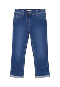 Jean en denim bleu foncé avec une coupe droite, ourlets retroussés, design à cinq poches et fermeture par bouton métallique.