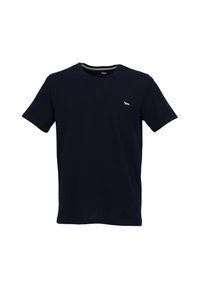 Marineblauwe katoenen t-shirt met een ronde hals, korte mouwen en een klein wit logo op de linkerborst. Glad textuur, casual ontwerp.