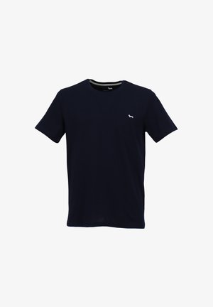 T-shirt in cotone blu navy con collo a giro, maniche corte e un piccolo logo bianco sul lato sinistro del petto. Texture liscia, design casual.