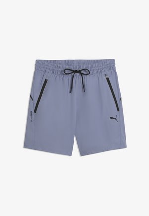Shorts de sport bleu clair avec cordon noir, poches latérales zippées, et logo Puma sur la jambe droite.