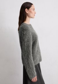 Grijze fluffy gebreide trui met een ronde hals, geribbelde manchetten en een ontspannen pasvorm, gedragen over een soepele zwarte rok. Gelaagde, zachte uitstraling.