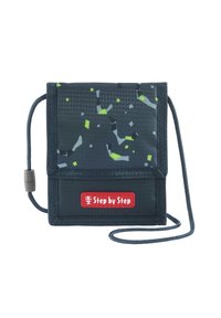 Dark blue fabric wallet with neon green and gray abstract patterns, featuring a red "Step by Step" label and a secure drawstring closure.