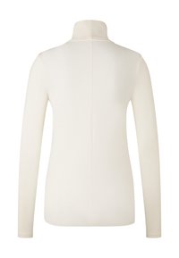 Langærmet cremet pullover med krave, lavet af et glat stof, minimalistisk design og en central søm, der løber ned ad ryggen.