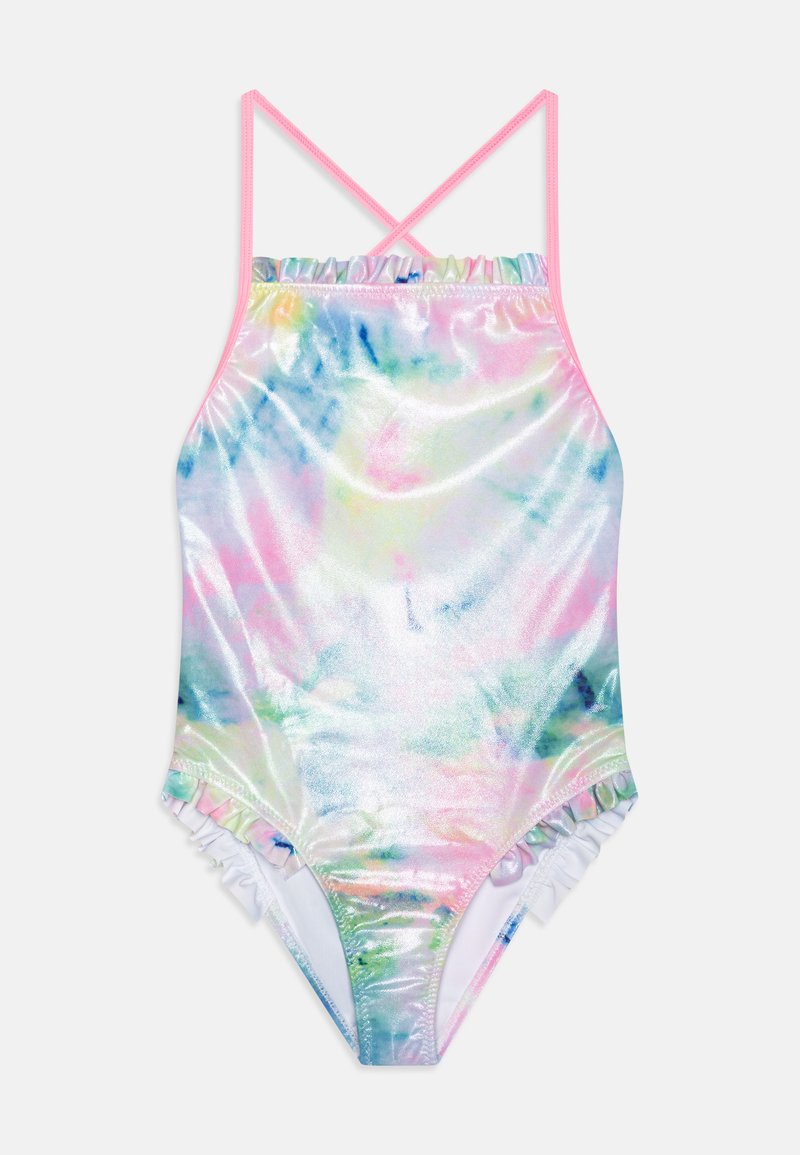 Maillot de bain une pièce avec un motif tie-dye pastel brillant en rose, bleu et vert. Présente des bretelles croisées minces et des bords froncés.