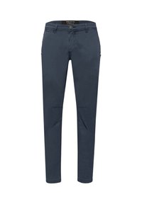 Námořnické modré kalhoty vyrobené z bavlněné směsi, se slim fit střihem, předními kapsami a zapínáním na knoflík v pase.
