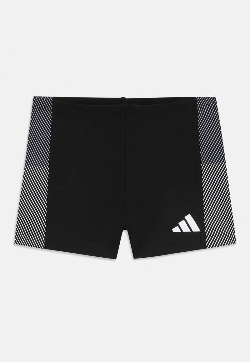 Black swim shorts featuring diagonal striped accents in white on the sides. Constructed from a smooth, stretchy material. Adidas logo displayed.