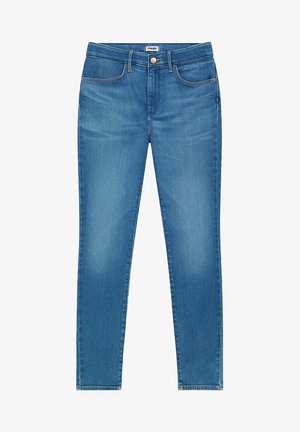 Helle blaue Denim-Jeans im Skinny-Fit mit verwaschenen Akzenten, fünf Taschen, einem Knopfverschluss und dezenten Ziernähten.