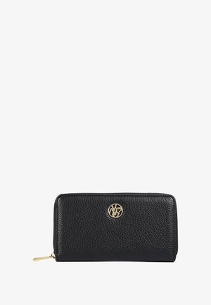 Portafoglio in pelle nera con superficie testurizzata, accento del logo dorato e chiusura con zip. Misura approssimativamente una taglia media per l'uso quotidiano.