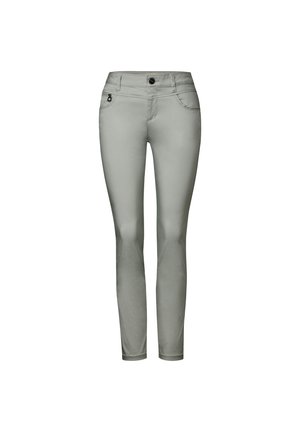 Hellegraue Skinny-Jeans aus dehnbarem Stoff. Mit Knopfverschluss, Fronttaschen und einer glatten Textur.