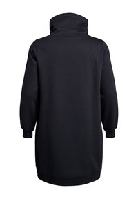 Svart sweatshirtklänning med hög vikkrage, långa ärmar och lös passform. Mjuk tyg med en slät yta; minimal detaljering.