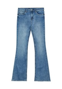 Hellblau geflammte Jeans aus Denim; mit einem klassischen Fünf-Taschen-Design, Knopfverschluss und leichtem Abnutzungserscheinungen an der Vorderseite.