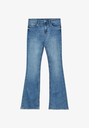Jeans évasés bleu clair en denim ; présentent un design classique à cinq poches, une fermeture à bouton, et un léger effet délavé sur le devant.
