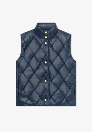 Donkerblauwe doorgestikte bodywarmer met een hoge kraag, voorzien van gouden drukknopen en een mouwloos ontwerp. Gladde, reflecterende stof met een dessin van diamanten.