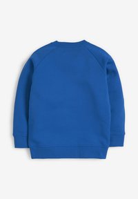 Felpa blu con maniche raglan, collo rotondo e tessuto testurizzato. Il design è semplice, senza motivi o dettagli aggiuntivi.