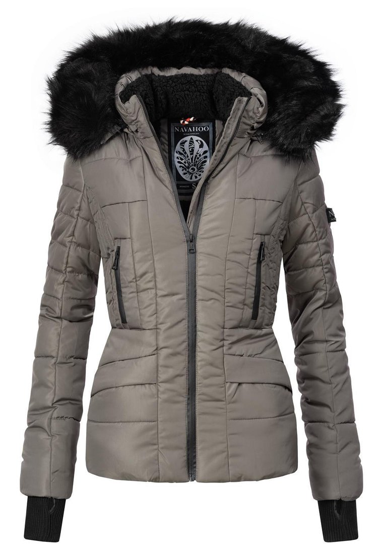 Gray puffer jacket with a faux fur-lined hood, zippered pockets, quilted design, and ribbed cuffs. Black zipper and branding visible inside.