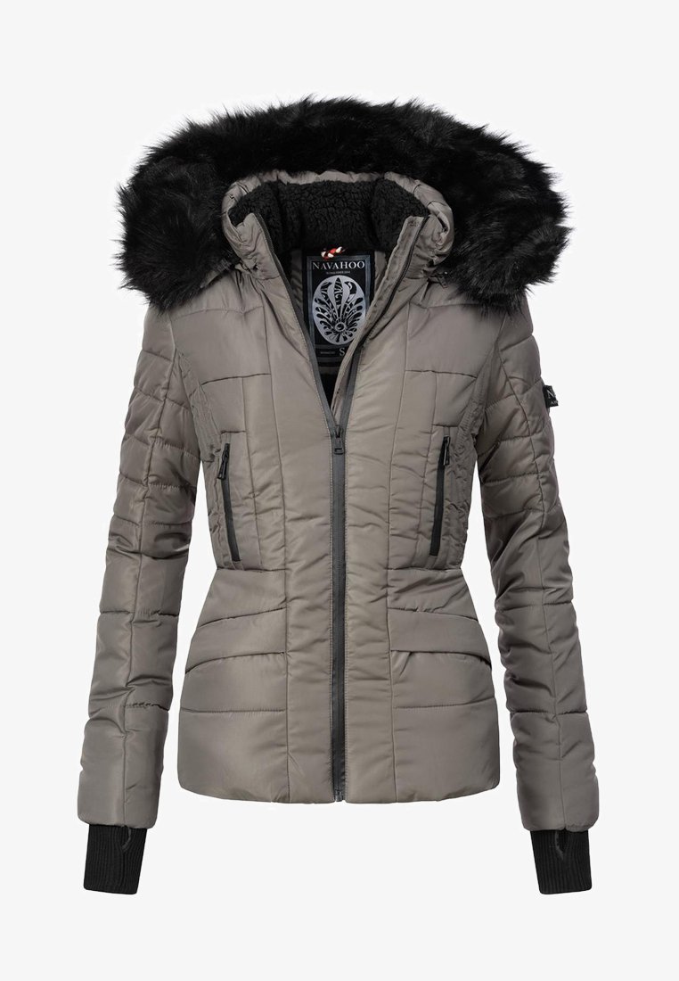 Gray puffer jacket with a faux fur-lined hood, zippered pockets, quilted design, and ribbed cuffs. Black zipper and branding visible inside.