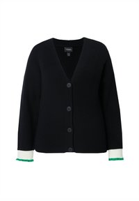 Cardigan noir côtelé avec un col en V, comportant cinq boutons et des poignets contrastants blancs avec des accents verts. Texture en tricot douce.