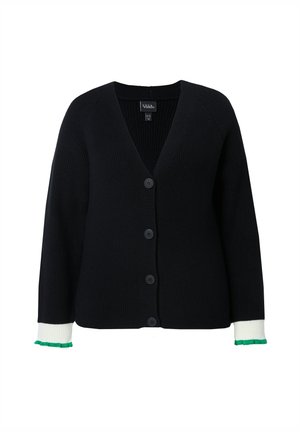 Černý žebrovaný cardigan s výstřihem do V, se pěti knoflíky a kontrastními bílými manžetami s zelenými akcenty. Měkká pletená textura.