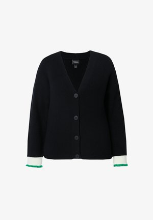 Cardigan nero a coste con scollo a V, dotato di cinque bottoni e polsini bianchi a contrasto con accenti verdi. Tessuto a maglia morbida.