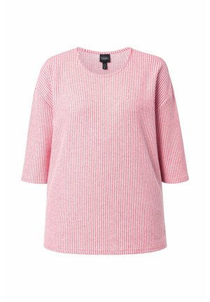 Kurzärmeliges Oberteil mit pink-weißen vertikalen Streifen, rundem Ausschnitt und legerer Passform.