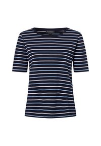 Navy blue t-shirt with horizontal stripes in light blue and white. Features a round neckline and short sleeves, made of soft fabric.