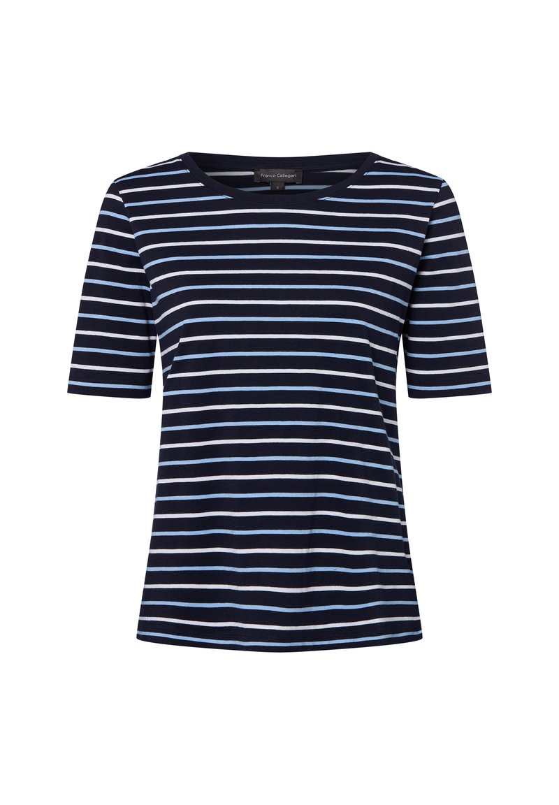 Navy blue t-shirt with horizontal stripes in light blue and white. Features a round neckline and short sleeves, made of soft fabric.