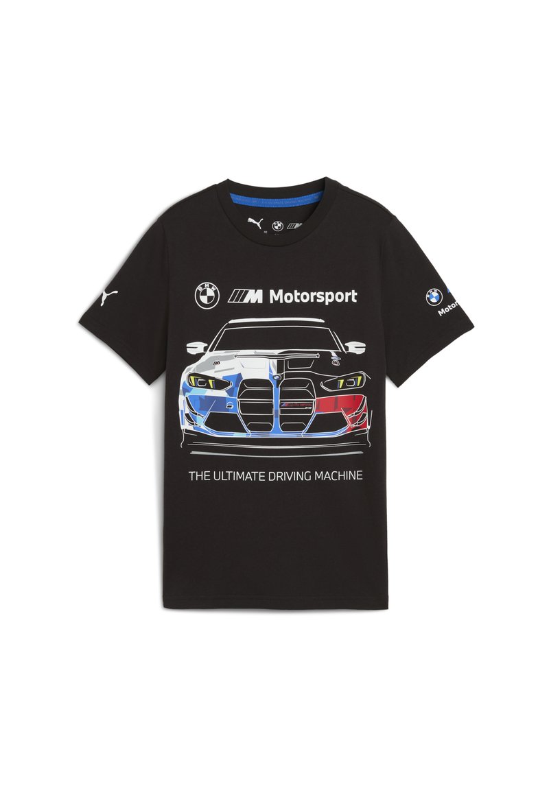 Juodas medvilnės marškinėliai su spalvinga BMW automobilio grafika, žemiau esantis baltas tekstas skelbia "Pats geriausias vairavimo aparatas".