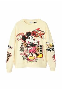 Felpa crema con grafica di Topolino, caratterizzata da accenti colorati e modelli misti, tra cui stampe floreali e animalier sulle maniche.