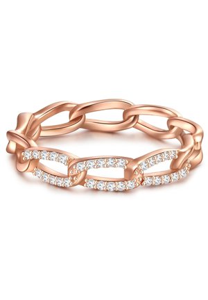 Ringe i rosaguld med kæde, der har skiftende glatte og teksturerede led, udsmykket med klare krystaller langs midten for ekstra detaljer.