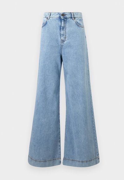 Light blue wide-leg jeans made of denim. High-waisted with contrasting stitching, five pockets, and a button closure at the waist.
