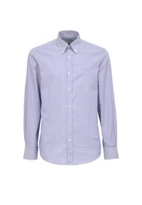 Camicia a righe sottili nei toni del viola e bianco, maniche lunghe, colletto button-down, con un piccolo logo ricamato sul petto.