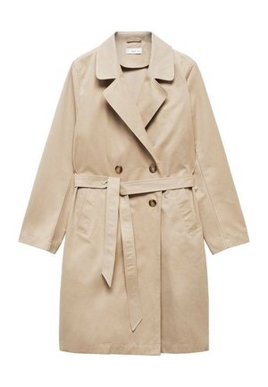 Trench-coat beige croisé avec de larges revers, fermeture à boutons, deux poches latérales et ceinture assortie en tissu nouée à la taille.