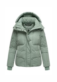 Light green puffer jacket with a hood, featuring zippered front, two front pockets, and ribbed cuffs. Made from smooth, quilted material.