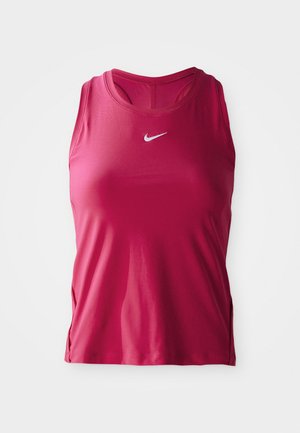 Nike moterų maikutė ryškiai rožinės spalvos poliesterio, su apvalia kaklo iškirpte, šonuose yra pragai ir mažas baltas logotipas ant krūtinės. Lygi tekstūra.