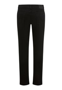 Jeans neri dal taglio slim, realizzati in denim. Presentano due tasche posteriori e una vita con un accento testurizzato. Design semplice senza fantasie.