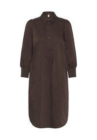 Robe marron foncé avec un col, une patte de boutonnage et des manches bouffantes. Présente une taille cintrée et des poignets resserrés avec une texture lisse.