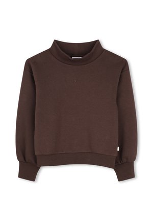 Sweat-shirt marron à manches longues avec col montant, poignets et ceinture côtelés, présenté sur fond blanc.