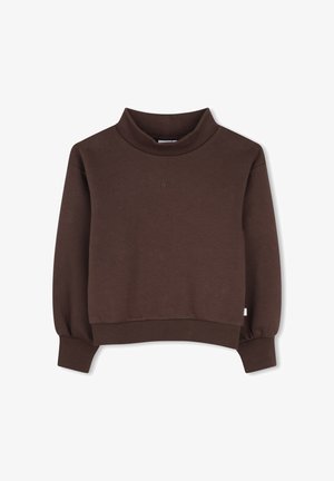 Sweat-shirt marron à manches longues avec col montant, poignets et ceinture côtelés, présenté sur fond blanc.