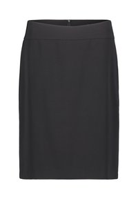 Svart pennkjol gjord av stretchy tyg, slät textur, figursydd design, knä-längd, har en dold dragkedja bak.