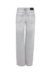 Gray denim wide-leg jeans with a high waistband, five pockets, and a plain black patch on the back. Textured fabric with visible stitching.