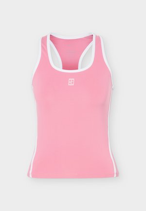 Débardeur de sport rose pour femme avec bordure blanche et petit logo blanc centré sur la poitrine, design dos nageur.